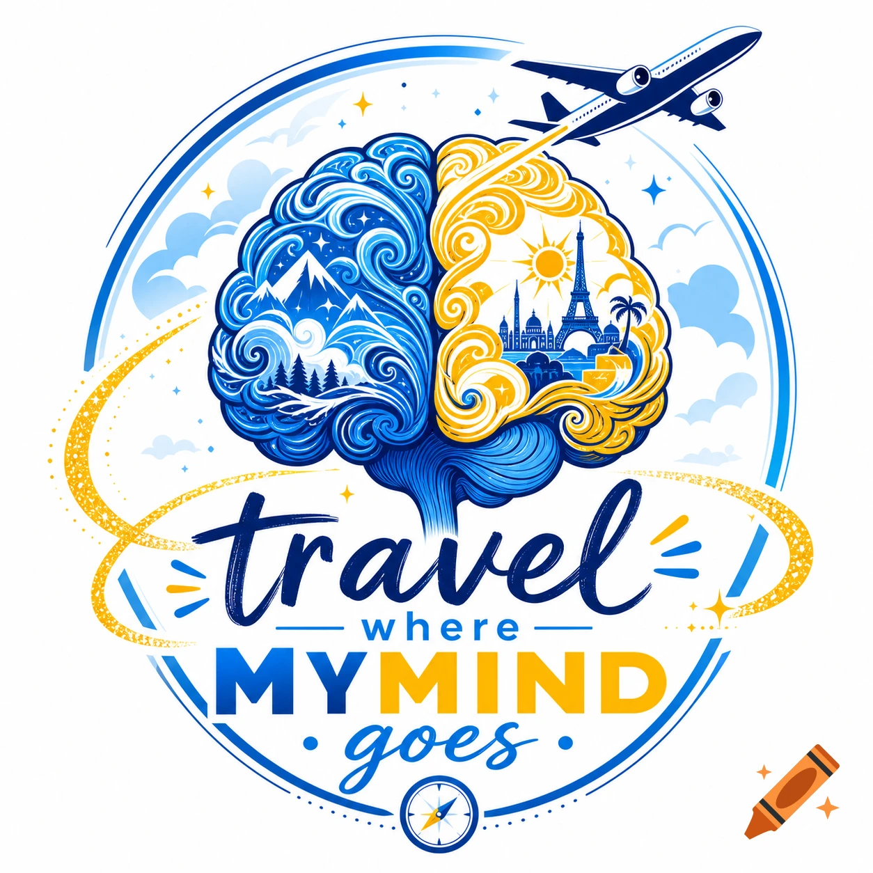 Stylized travel logo with a brain showing mountain and cityscape scenes, an airplane, and text 'travel where MY MIND goes'.