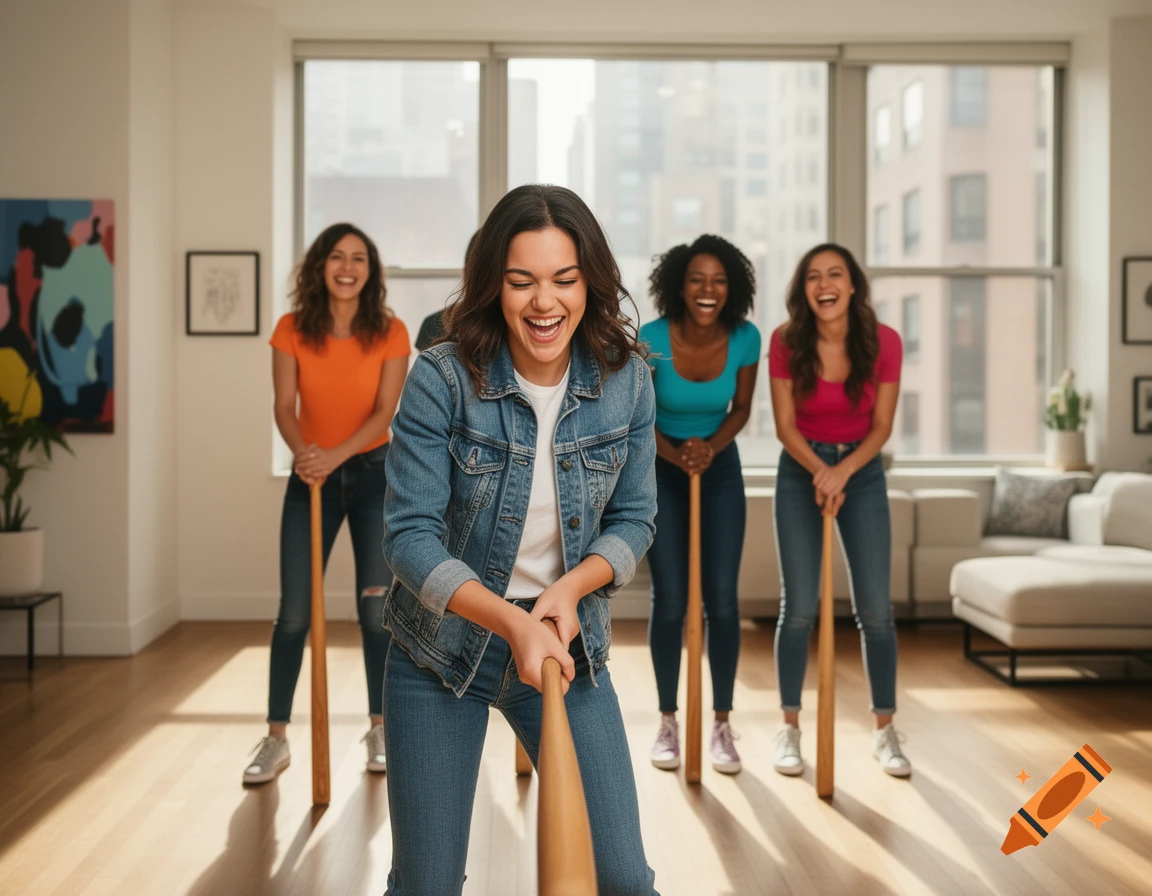 A group of diverse women laugh while holding baseball bats in a sunny apartment living room.