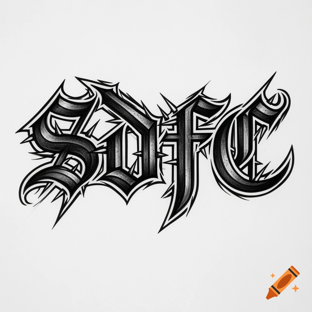 Black and white stylized SDFC text in a thrash metal font with spikes and gradient shading, on a white background.