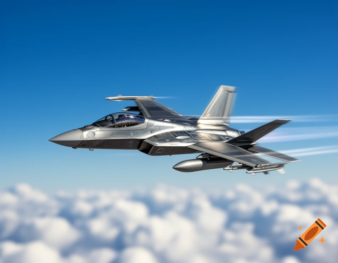 A photorealistic silver fighter jet flying fast through a clear blue sky above white clouds.