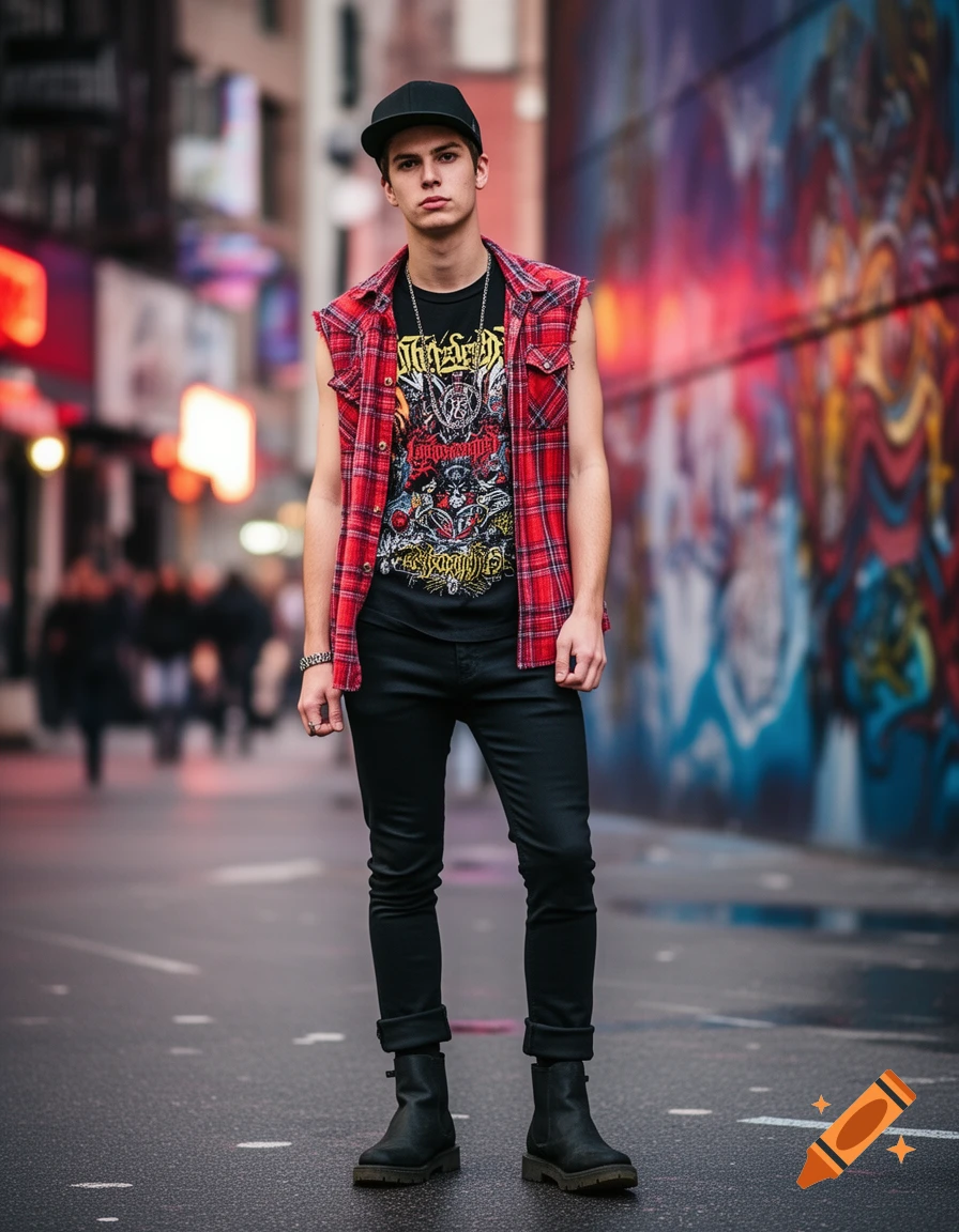 A young man in a rock-style outfit with a red plaid sleeveless shirt, black band t-shirt, black jeans, and a cap stands on a city street.
