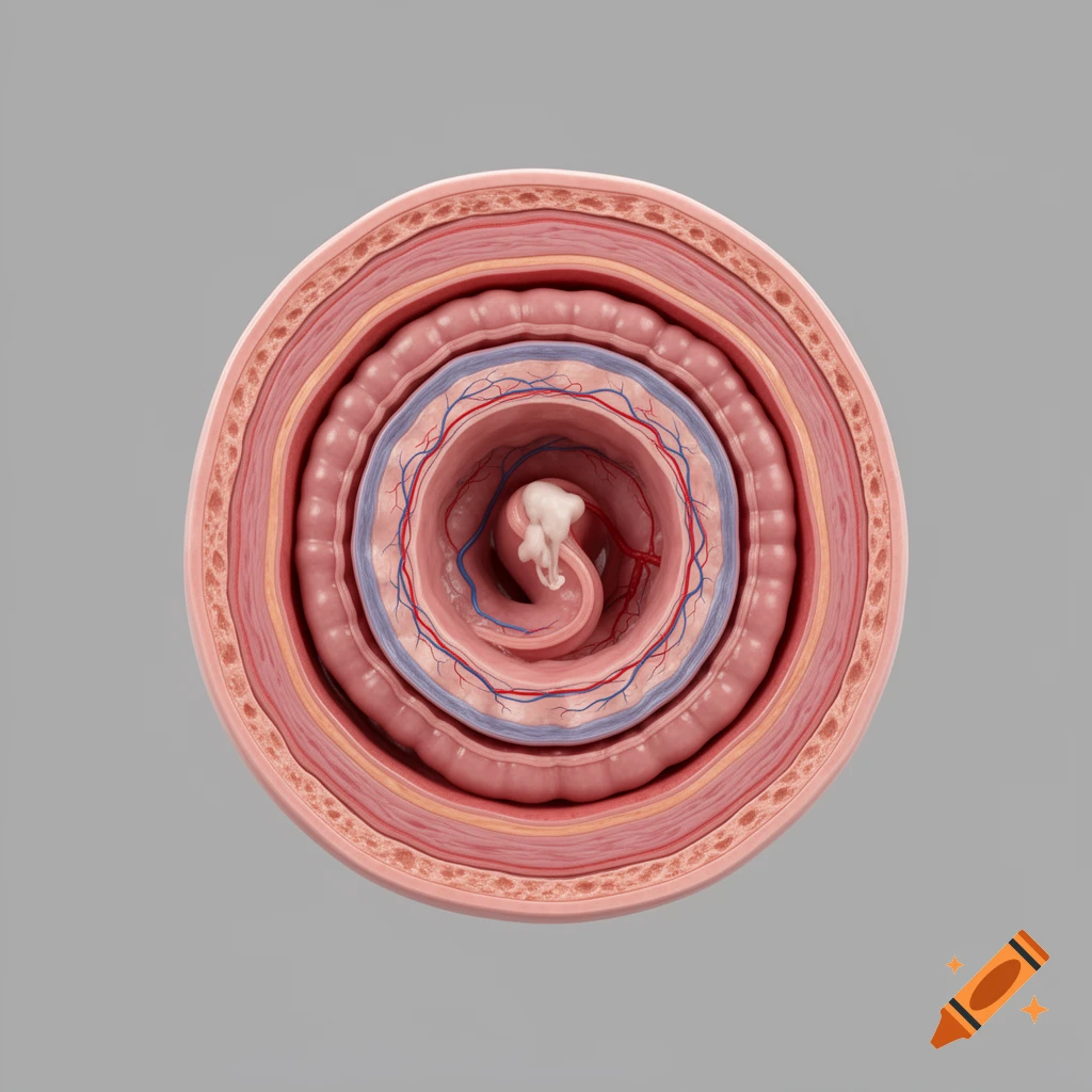 Photorealistic 3D medical illustration of an ileocolic intussusception, showing concentric layers of bowel wall.
