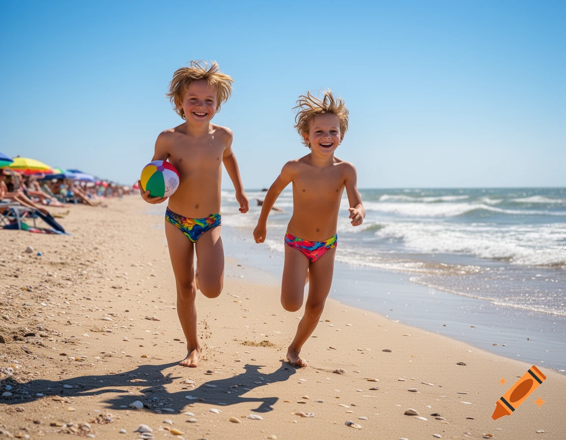 Two smiling young boys run along a sunny beach, one holding a colorful beach ball, with the ocean in the background.