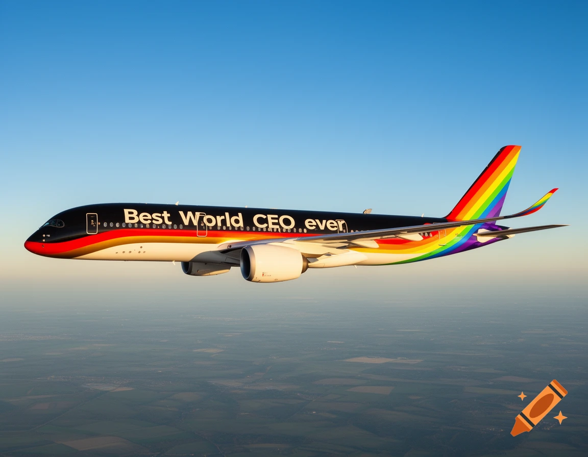 Photorealistic A350 airplane with black, red, and gold fuselage, rainbow tail, and 'Best World CEO ever' text, flying under a clear sky.