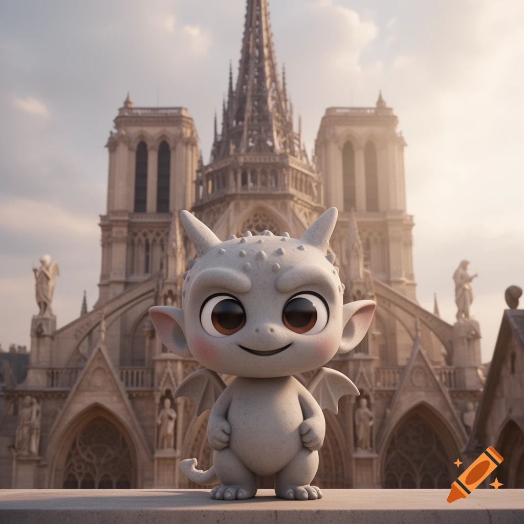 A cute, smiling chibi gargoyle with big eyes stands on a ledge in front of the Notre Dame cathedral.