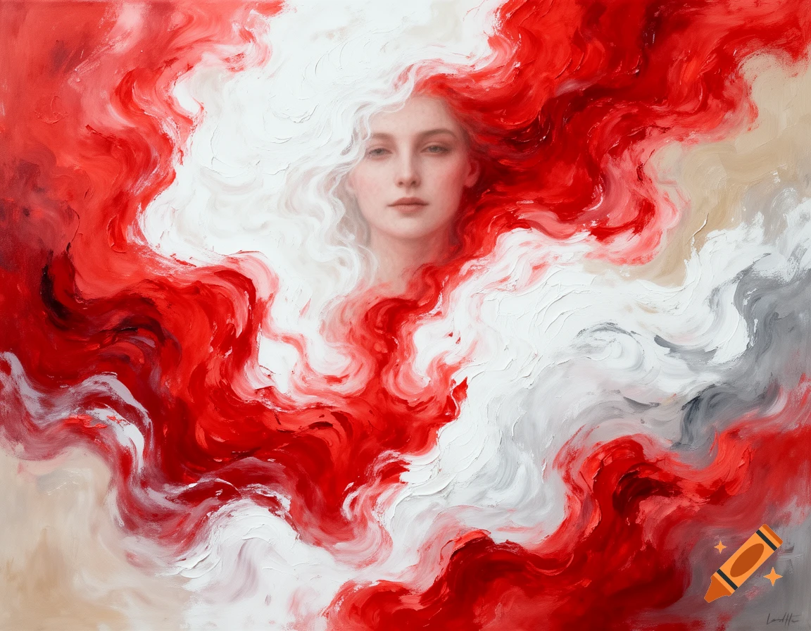 Abstract painting of a woman's face with flowing red and white paint strokes.