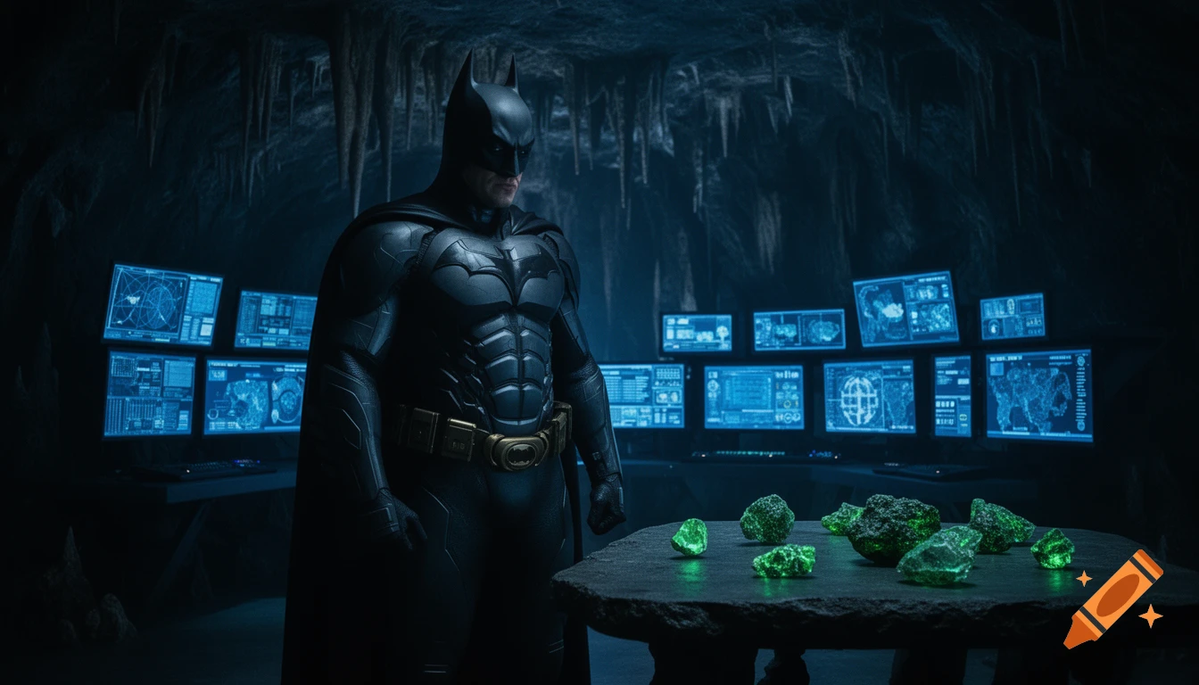 Batman stands in the Batcave, surrounded by glowing computer screens and a table covered with glowing green kryptonite.