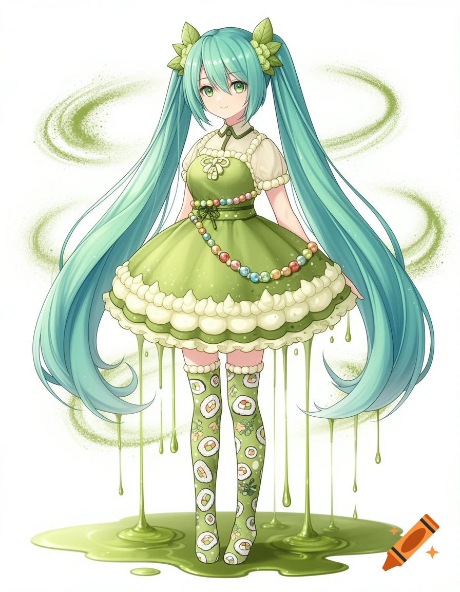 Anime Hatsune Miku in a green matcha-themed dress with leaf ornaments, long teal pigtails, and sushi-patterned socks, surrounded by dripping green liquid.