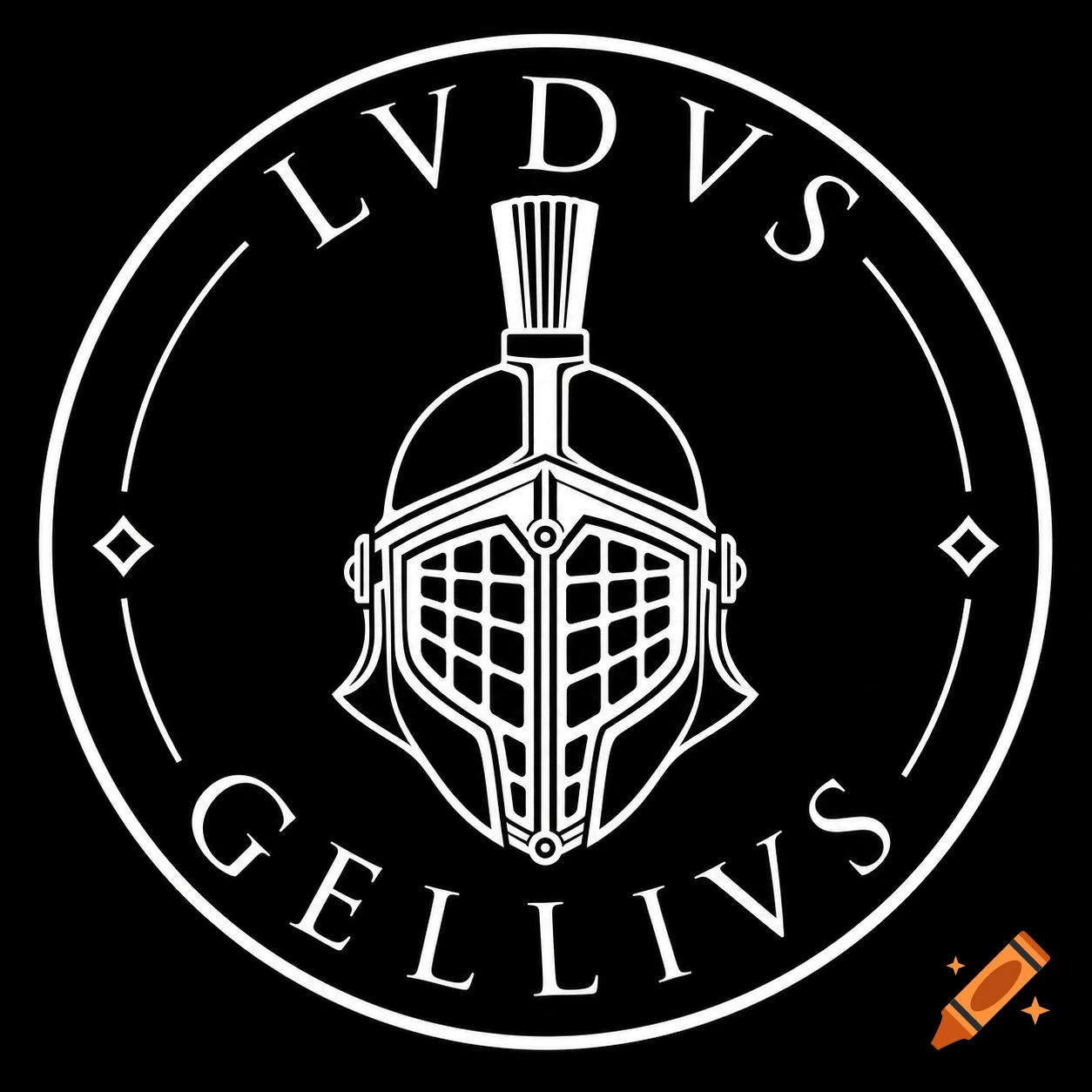 Minimalist black and white circular logo featuring a Roman gladiator helmet and the text 'LVDVS GELLIVS'