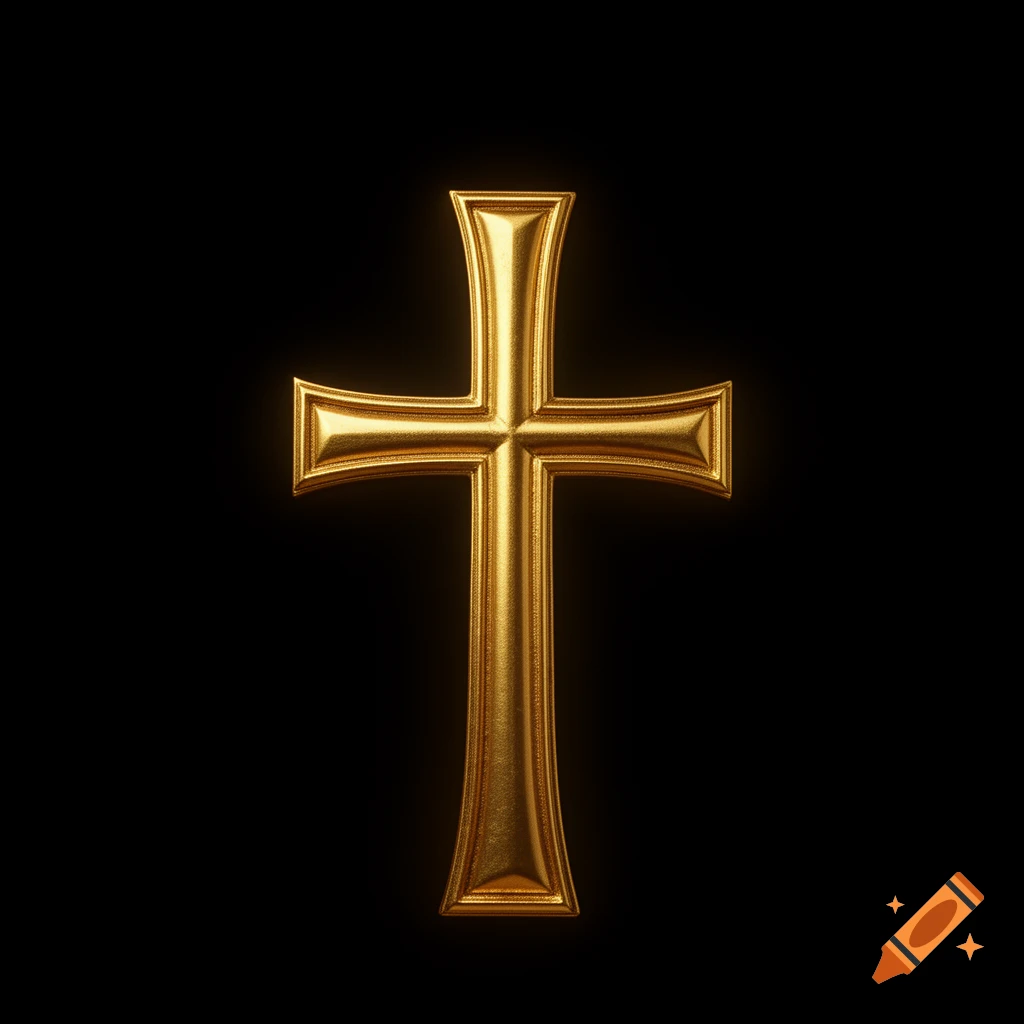 A golden Lorraine cross centered on a black background.