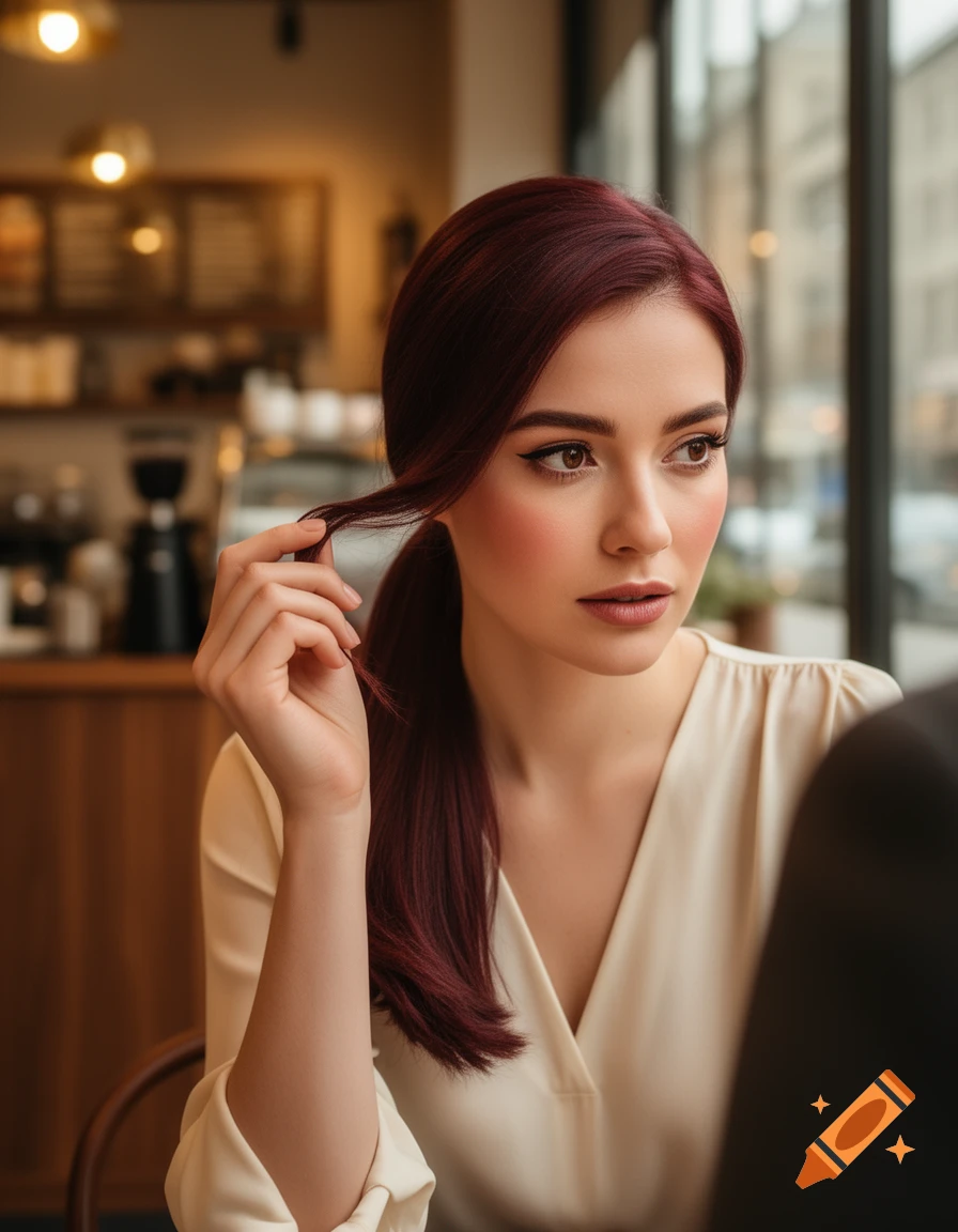 A young woman with deep red hair in a ponytail pulls on a strand of her hair, looking away thoughtfully inside a cafe.