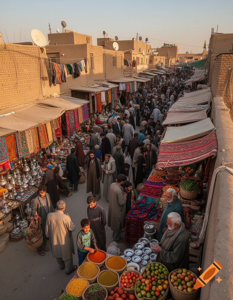 Overhead view of a bustling outdoor market with many people, stalls displaying colorful spices, fresh fruits, and textiles under a warm sky.