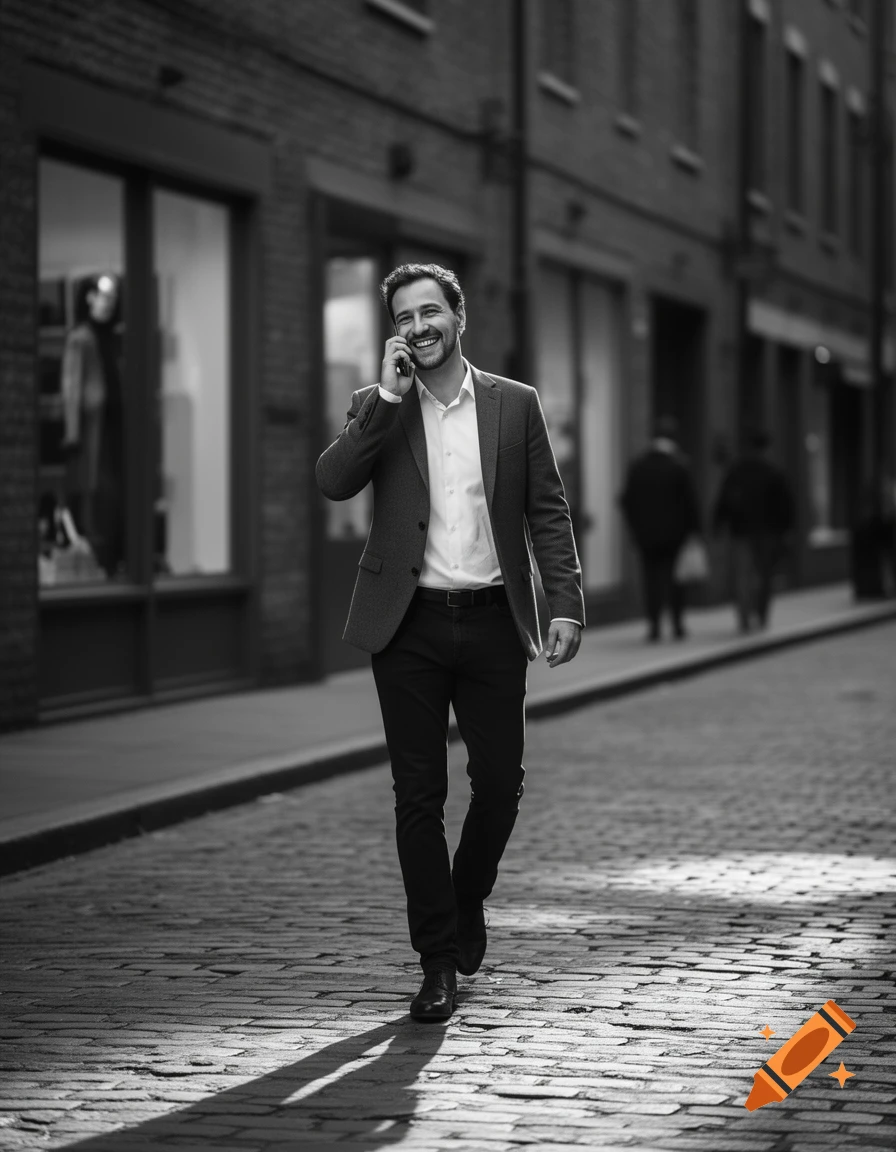 A happy man in a suit walks down a cobblestone street, smiling and talking on his phone in a black and white photograph.