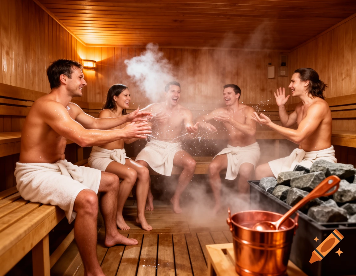 A group of friends laughing and splashing water in a steamy, wood-paneled sauna, enjoying a relaxing moment.