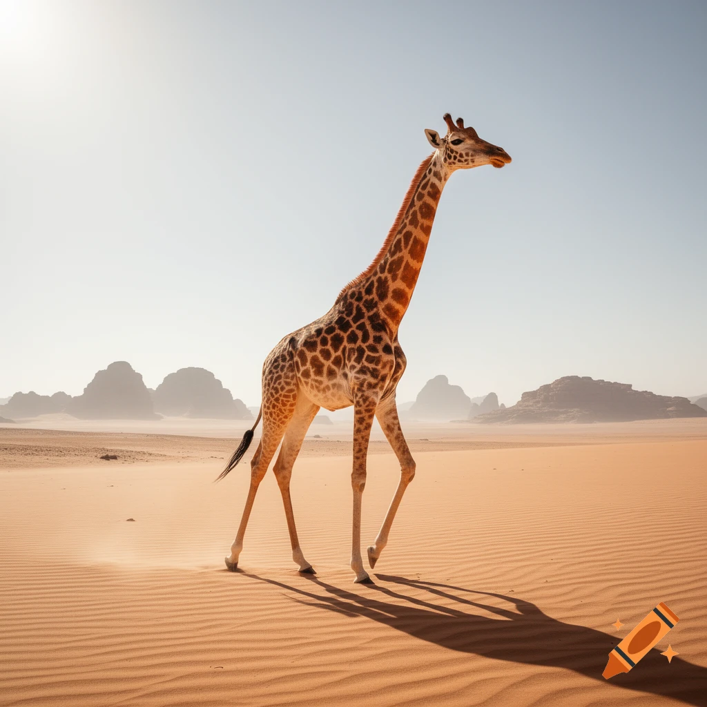 A giraffe stands in a sunny, sandy desert with distant mountains under a clear sky, casting a long shadow.