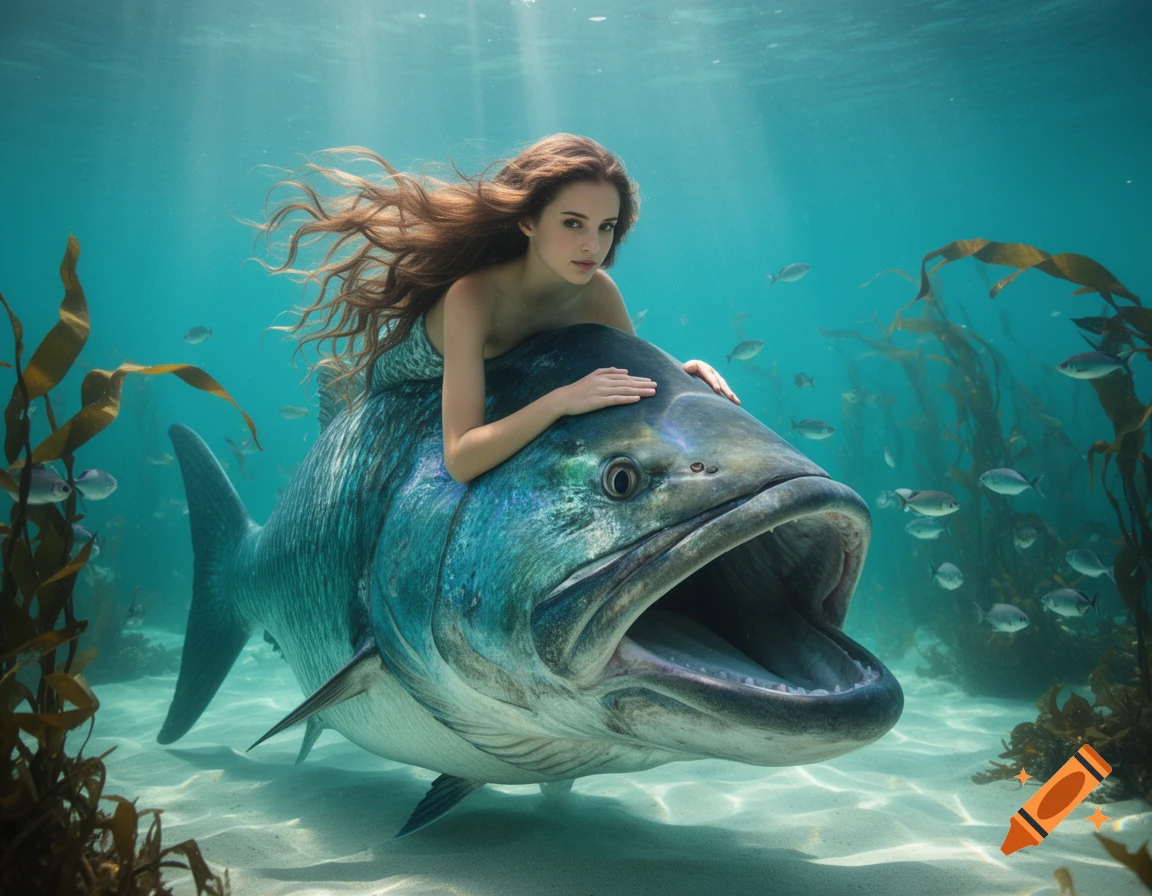 A young woman with long hair rides on the back of a giant fish underwater, surrounded by small fish and seaweed.