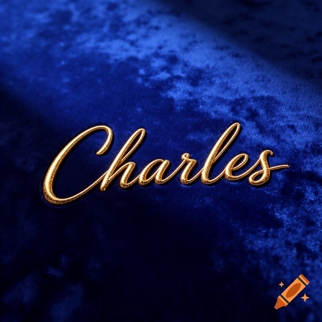The name Charles written in glittering gold script on a rich, deep blue velvet background.