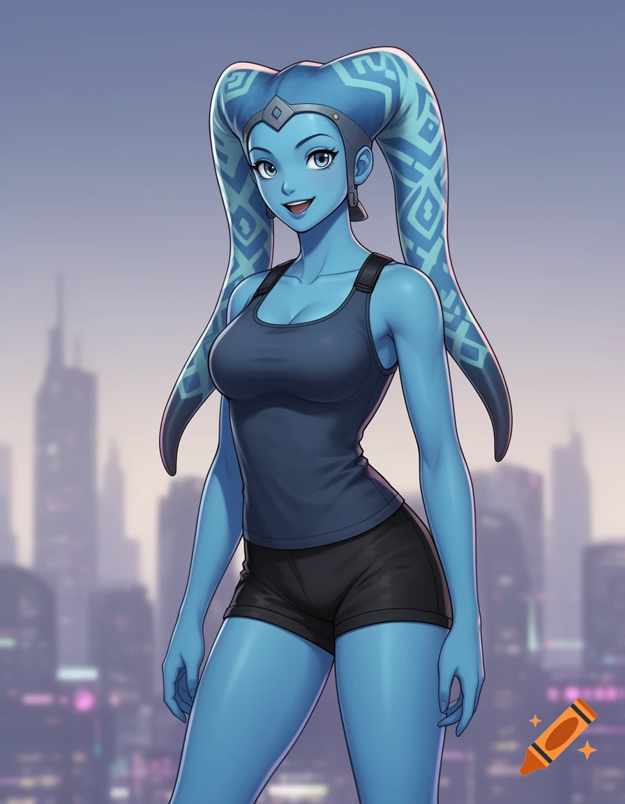 Anime-style blue-skinned Twi'lek woman in a dark tank top and black shorts, smiling against a city skyline.
