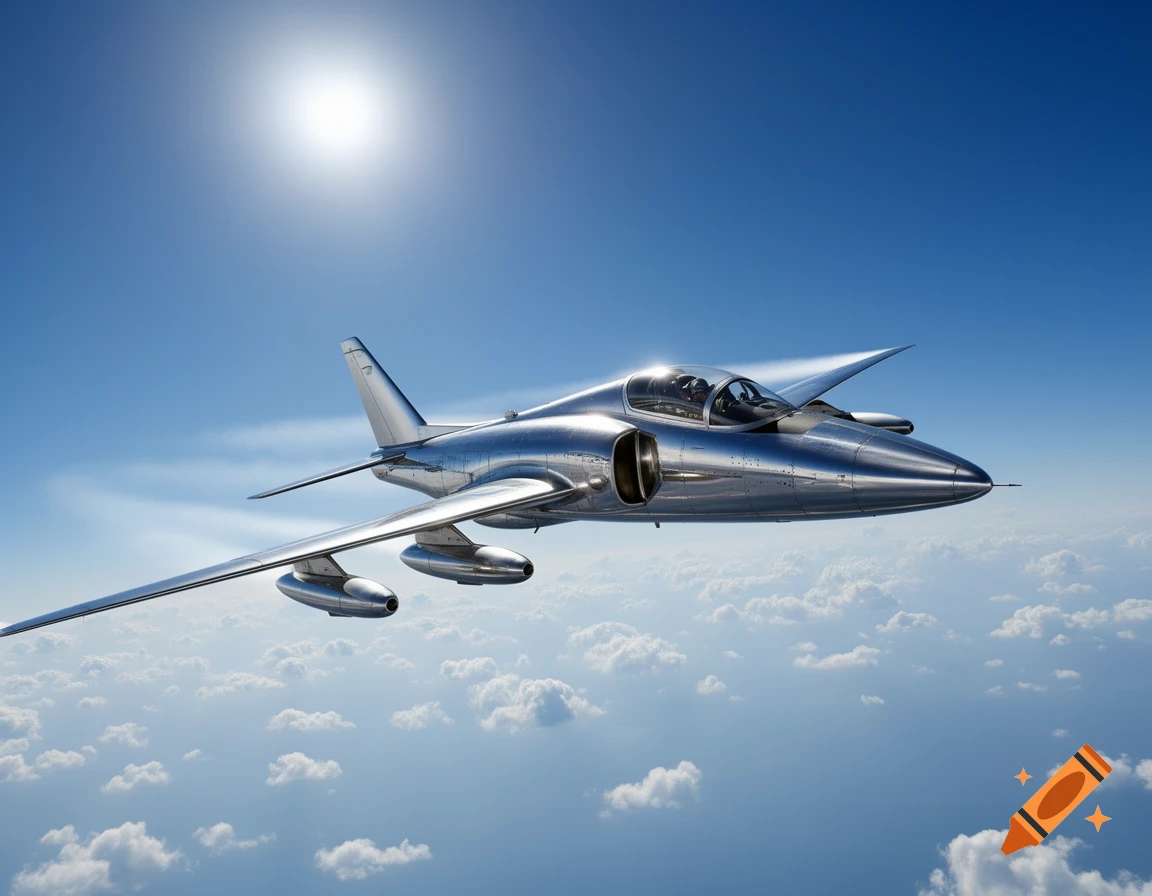 A photorealistic shiny chrome jet plane flying through a blue sky with white clouds and a bright sun.