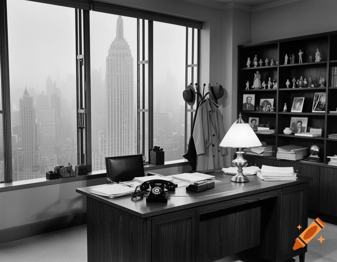 A black and white photo of a 1960s private detective's office with a desk, rotary phone, coat rack, and a view of the Empire State Building from a large window.