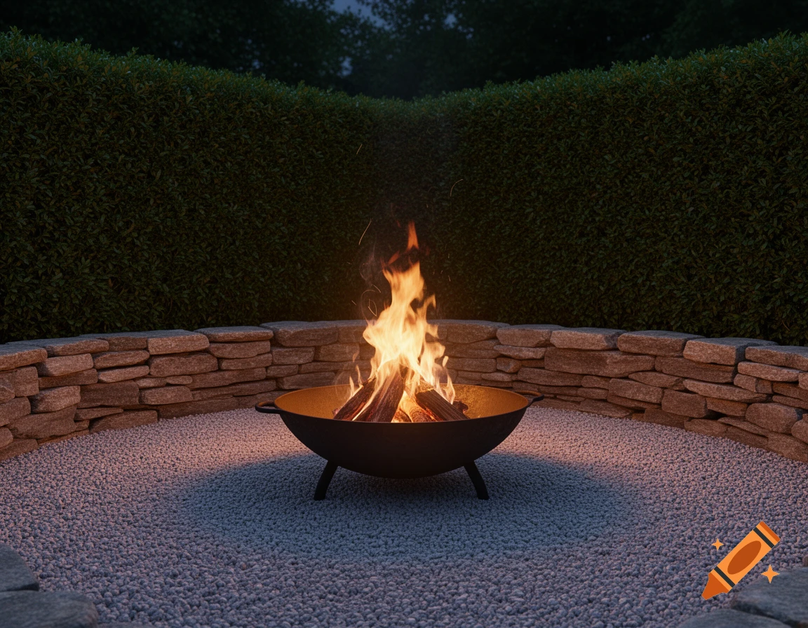 A photorealistic image of a fire pit with burning logs on a circular gravel patio, surrounded by a low stone wall and a tall green hedge at night.