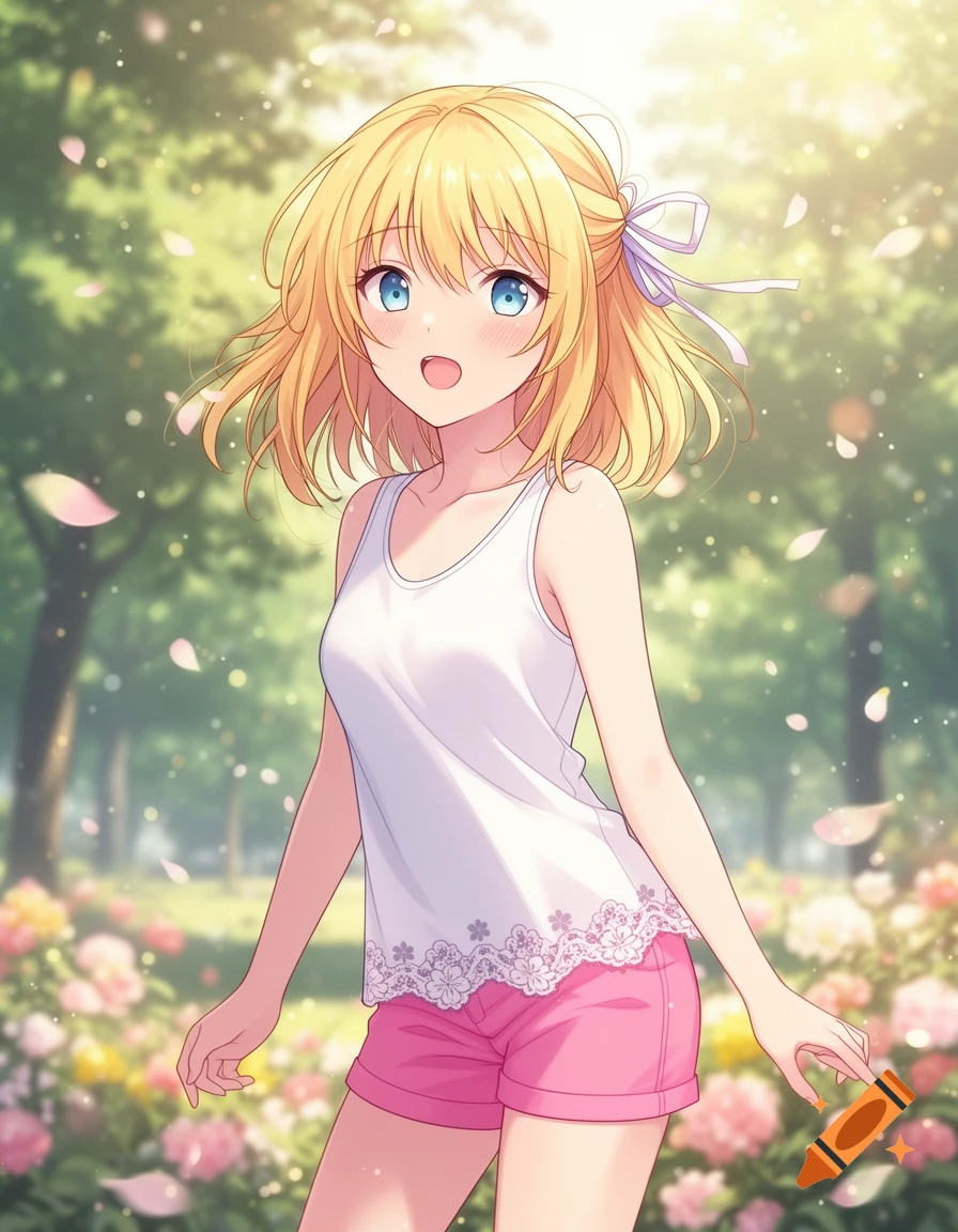 A happy anime girl with blonde hair and blue eyes, smiling in a sunny park filled with pink flowers and falling petals.