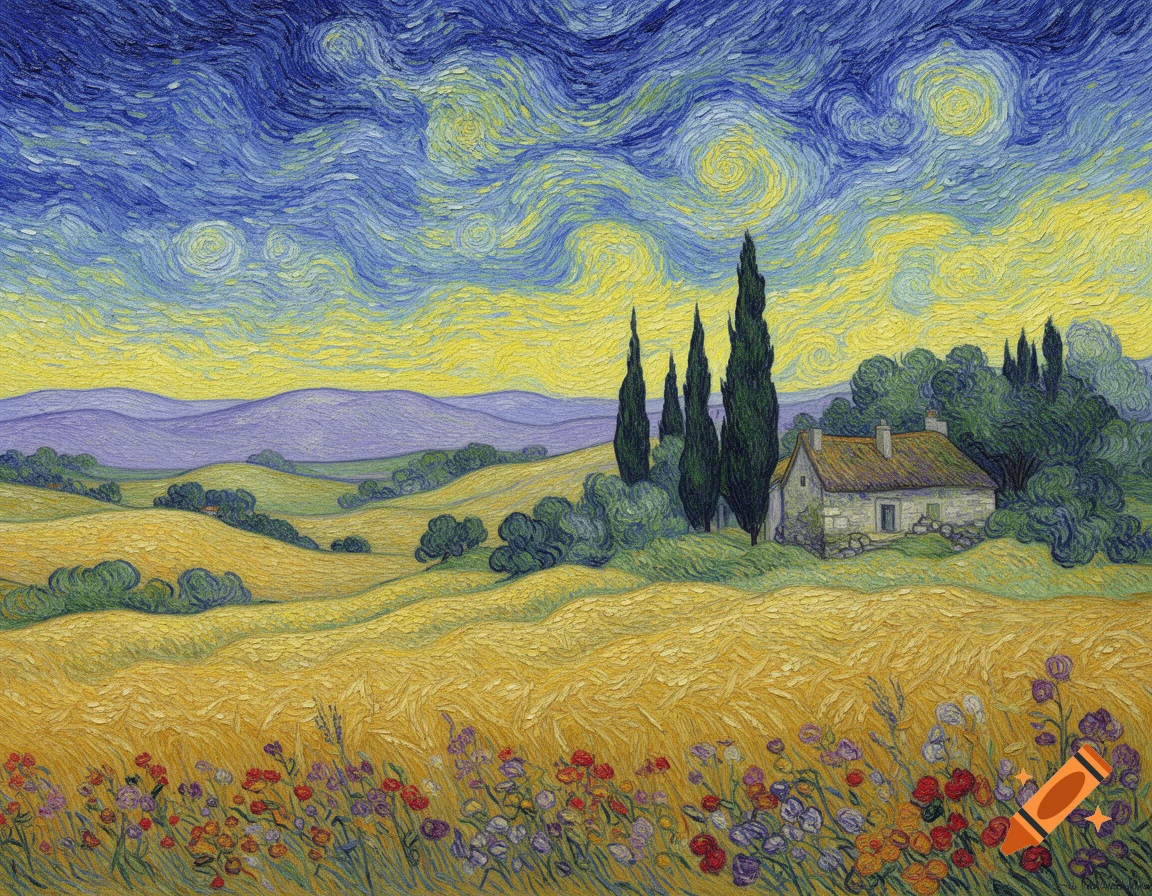 A vibrant landscape painting in Van Gogh's style featuring a stone house with cypress trees, rolling golden fields, and a dramatic swirling blue and yellow sky.