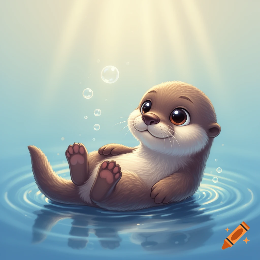 A cute, big-eyed baby otter floats on its back in clear blue water with ripples and bubbles, cartoon style.