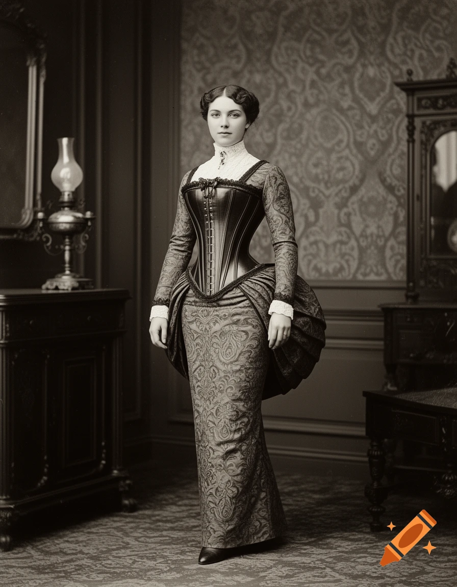 A sepia-toned historical portrait of a woman in an ornate, tightly laced corset and bustle dress, standing in a richly decorated room.