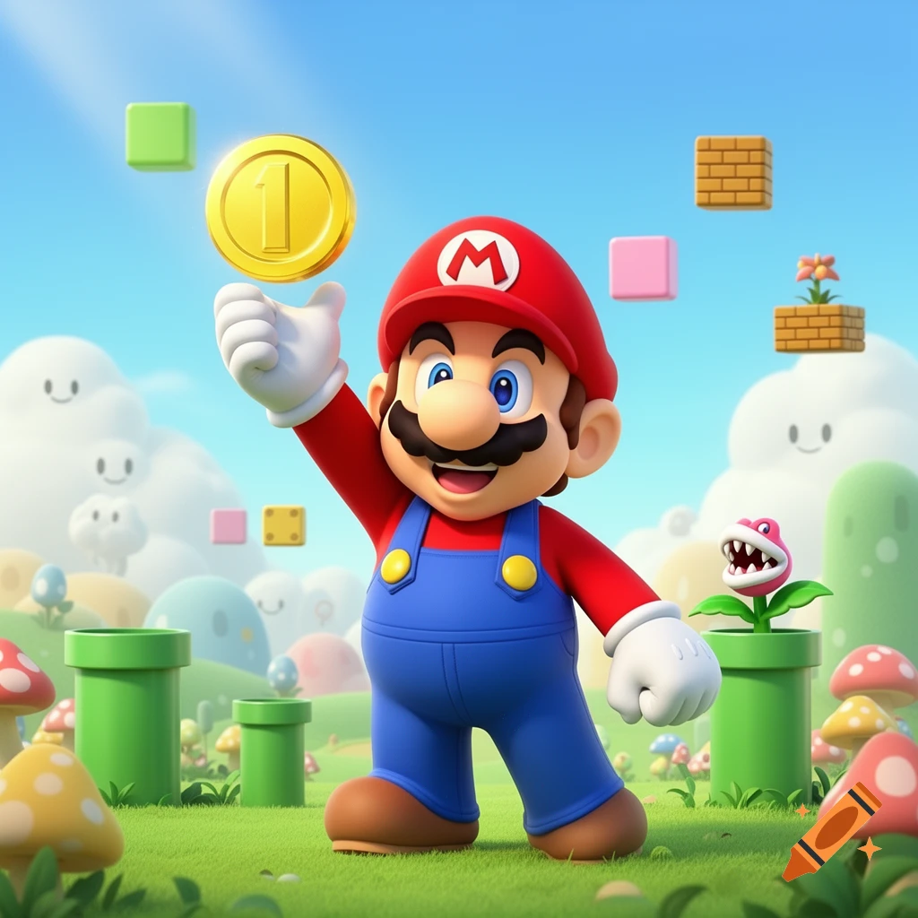 Super Mario holding a gold coin in a bright, grassy landscape with warp pipes, mushrooms, and floating blocks under a blue sky.