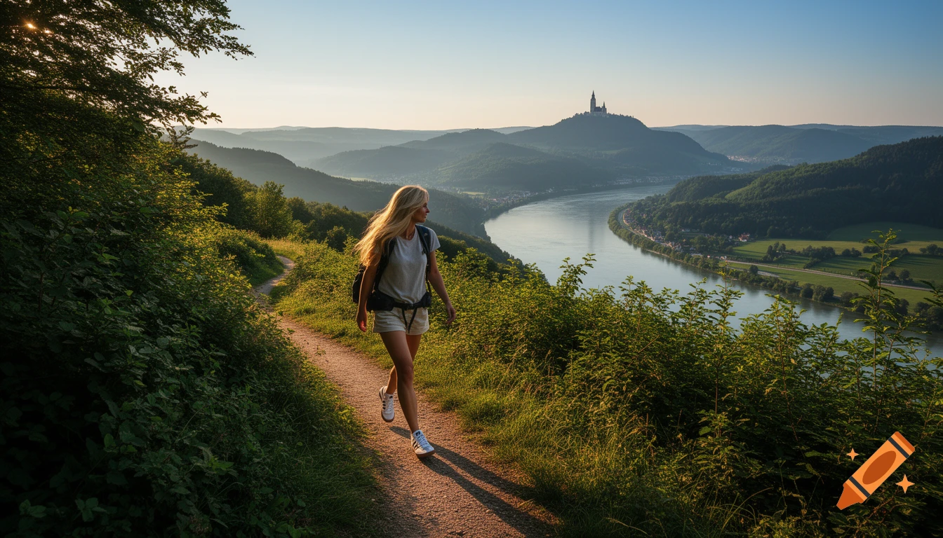A blonde woman with a backpack hikes a sunlit trail overlooking a winding river valley, green hills, and a distant castle.