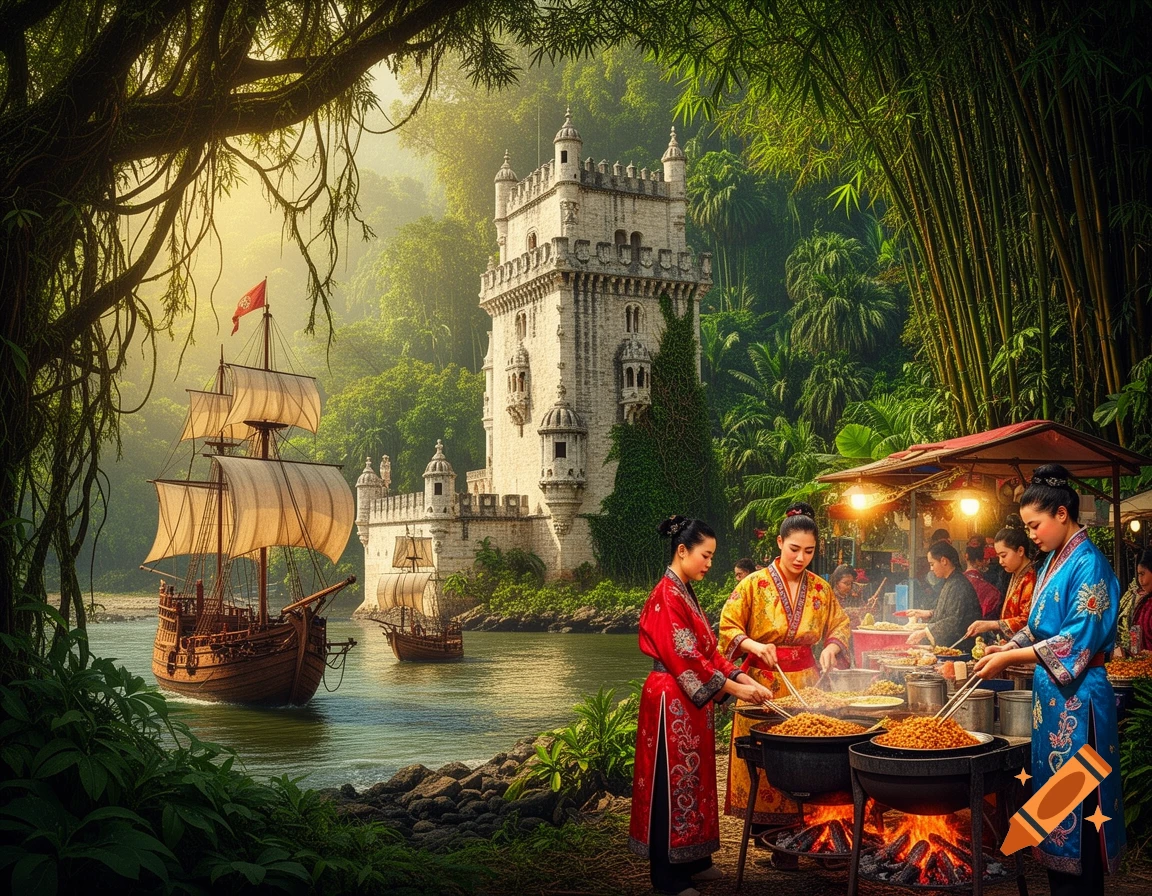 A vibrant fusion scene with a castle and ships on a river, framed by jungle foliage, as Asian women cook street food.