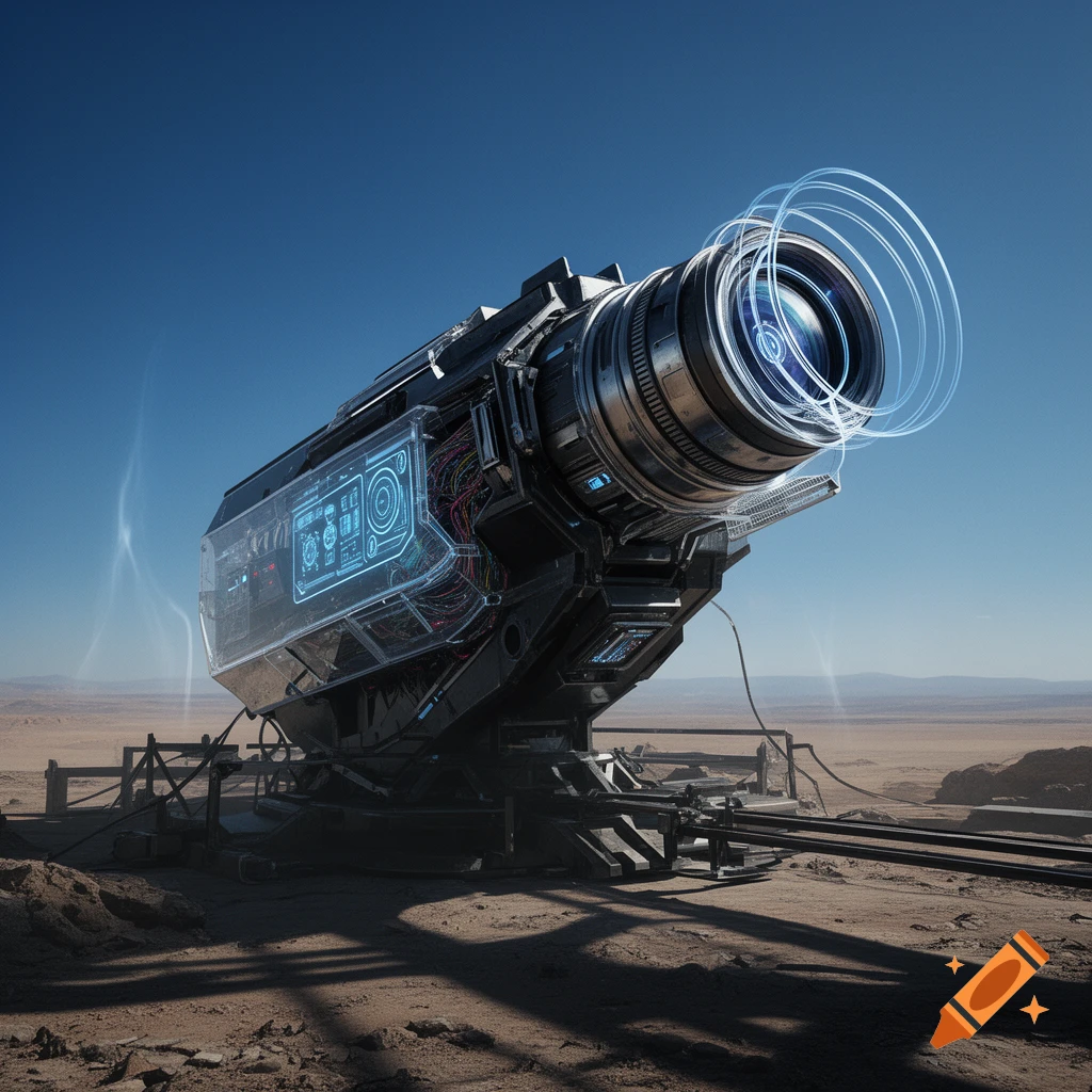 A large, futuristic laser cannon stands in a barren desert under a clear blue sky, with glowing blue elements on its lens and screens. Photorealistic.
