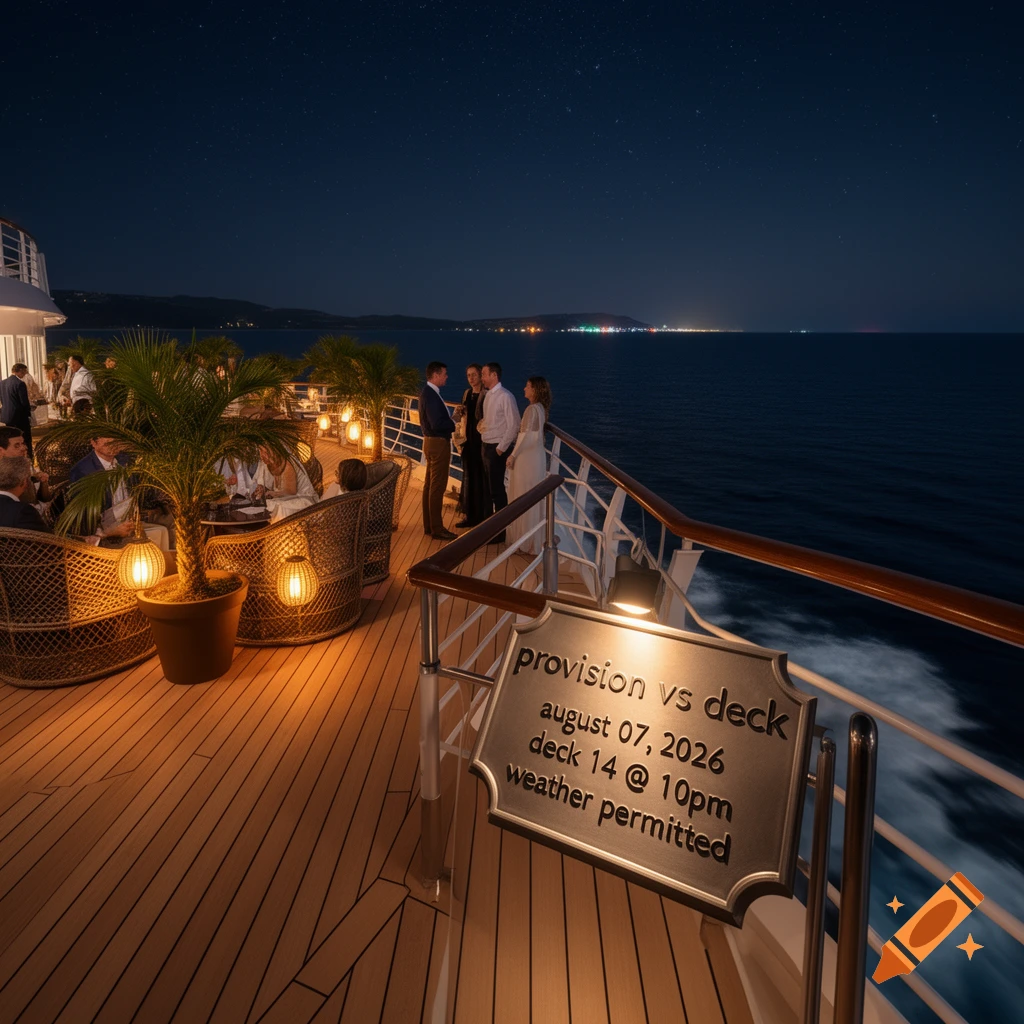 People gather on a cruise ship deck at night under a starry sky, with city lights visible in the distant background. A sign on the railing shows event details.