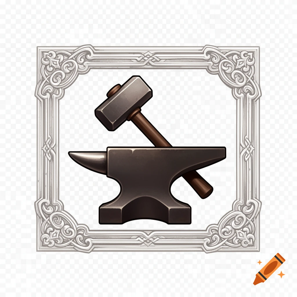 A stylized MMORPG icon featuring a dark anvil with a hammer resting on it, framed by an ornate silver border.