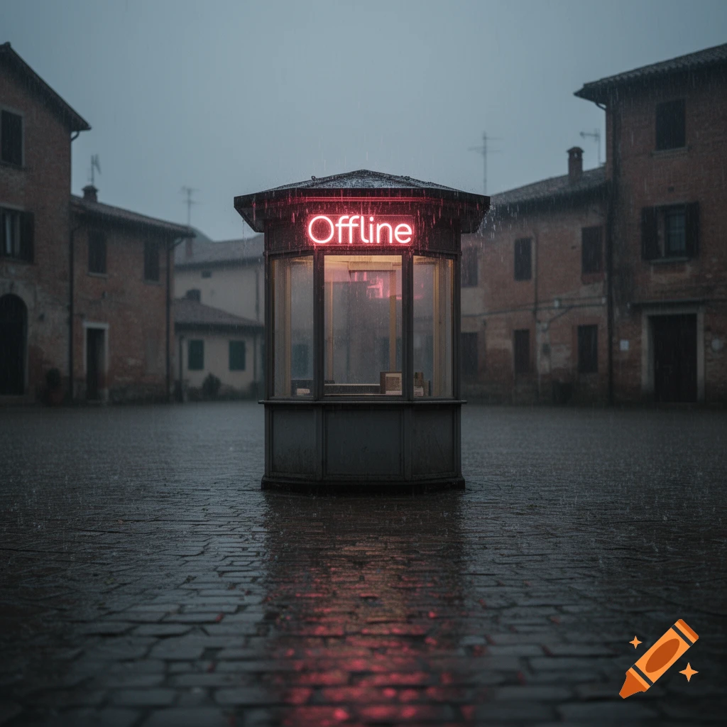 A moody, photorealistic image of a small kiosk with a red neon 'Offline' sign, standing in a cobblestone square on a rainy day.