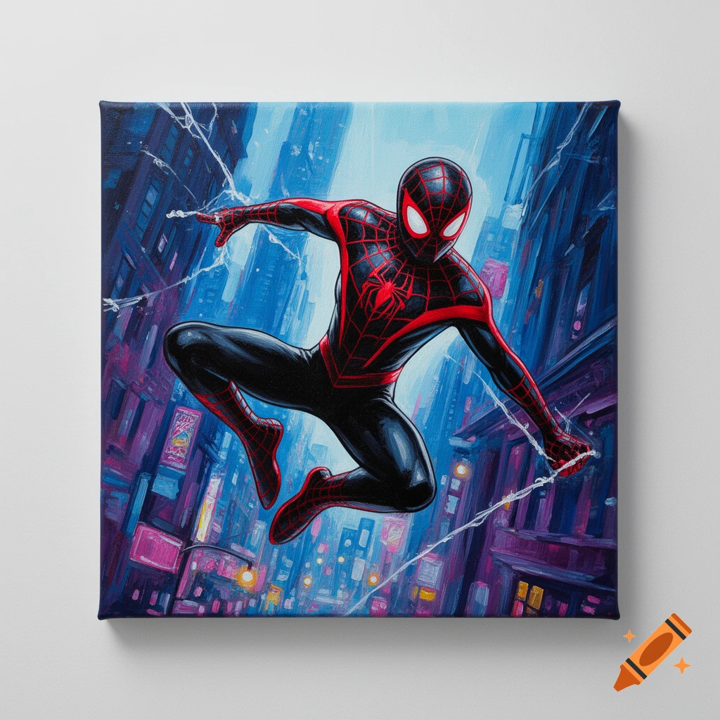 Miles Morales in his black and red Spider-Man suit leaps through a vibrant, stylized cityscape at night, painted in an acrylic style.