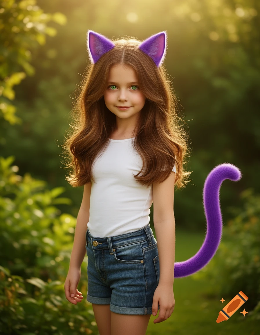 A young girl with long brown hair, green eyes, purple cat ears, and a purple tail stands in a sunlit green outdoor setting.