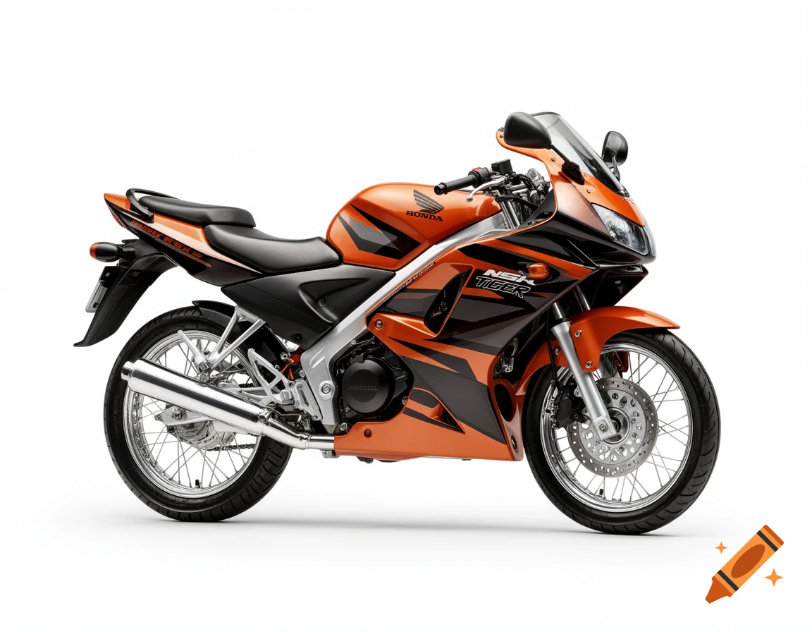 A photorealistic image of an orange and black Honda NSR 125 motorcycle with "NSR TIGER" branding, against a white background.