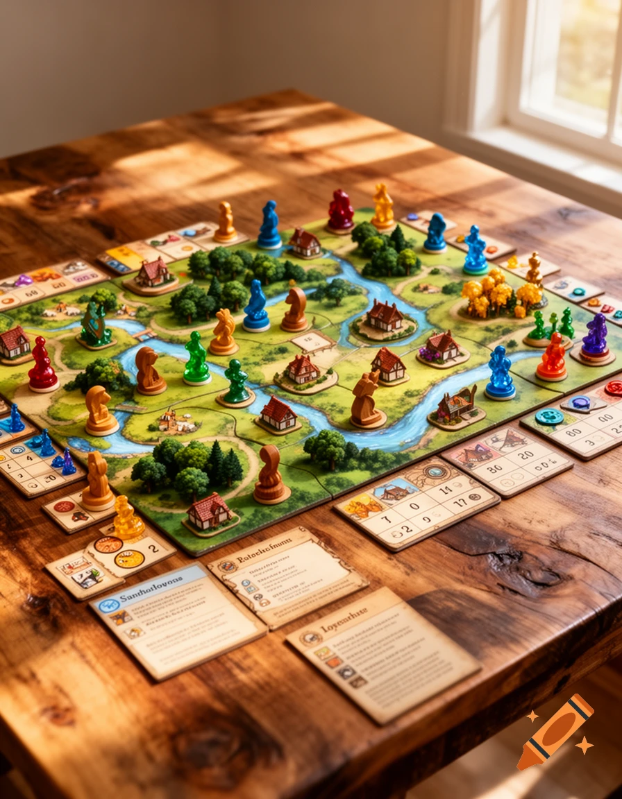Photorealistic overhead view of a colorful board game on a wooden table, featuring miniature houses, trees, rivers, and game pieces.