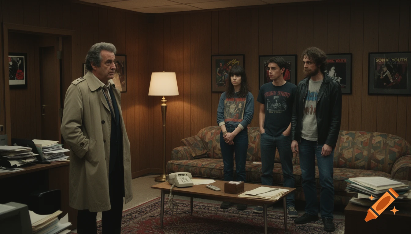 An older man in a trench coat speaks with three young adults in an 80s-style office with Sonic Youth posters. Photorealistic.