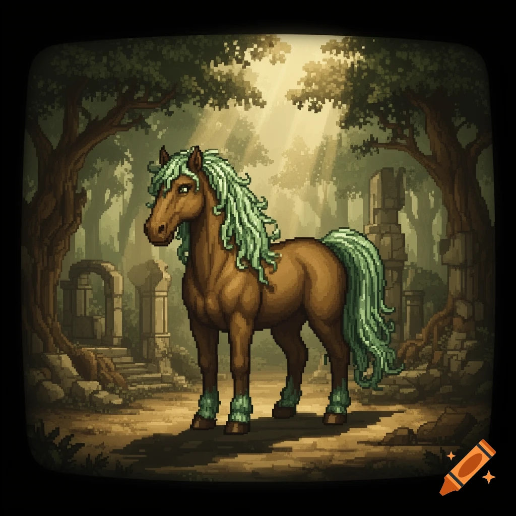 Pixel art brown horse with green mane and tail standing in a sunlit forest with ancient ruins.