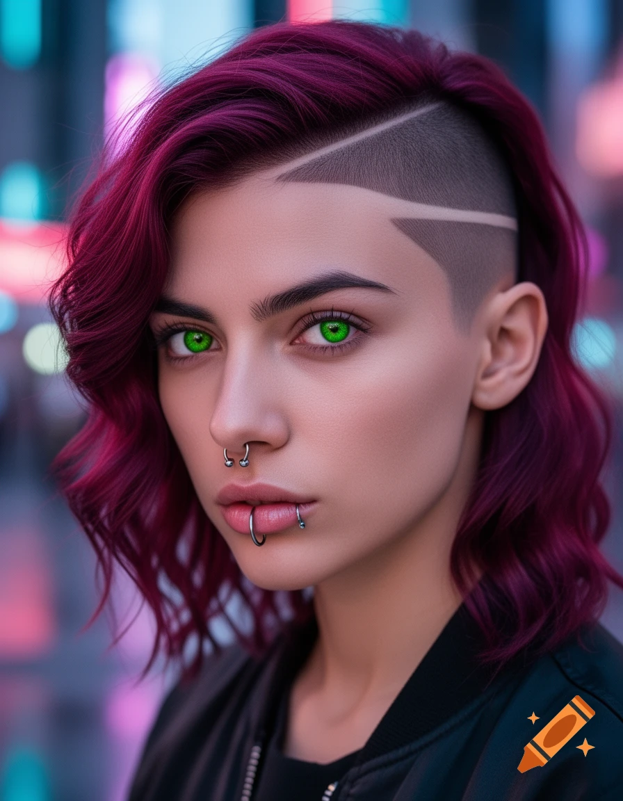 A woman with vibrant burgundy hair, an undercut with shaved lines, bright green eyes, and septum and labret piercings.