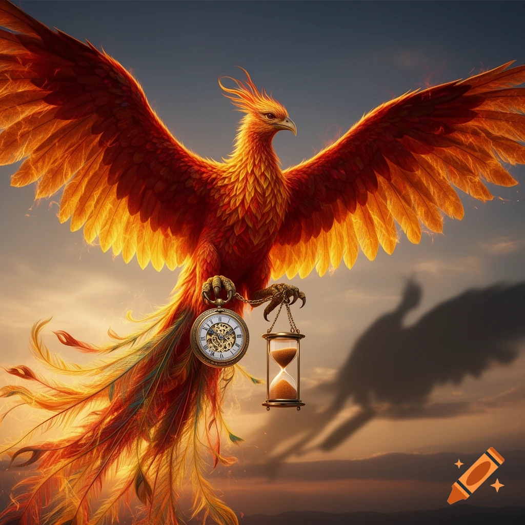 A majestic, realistic phoenix with fiery orange and red feathers soaring against a sunset sky, clutching a pocket watch and hourglass.