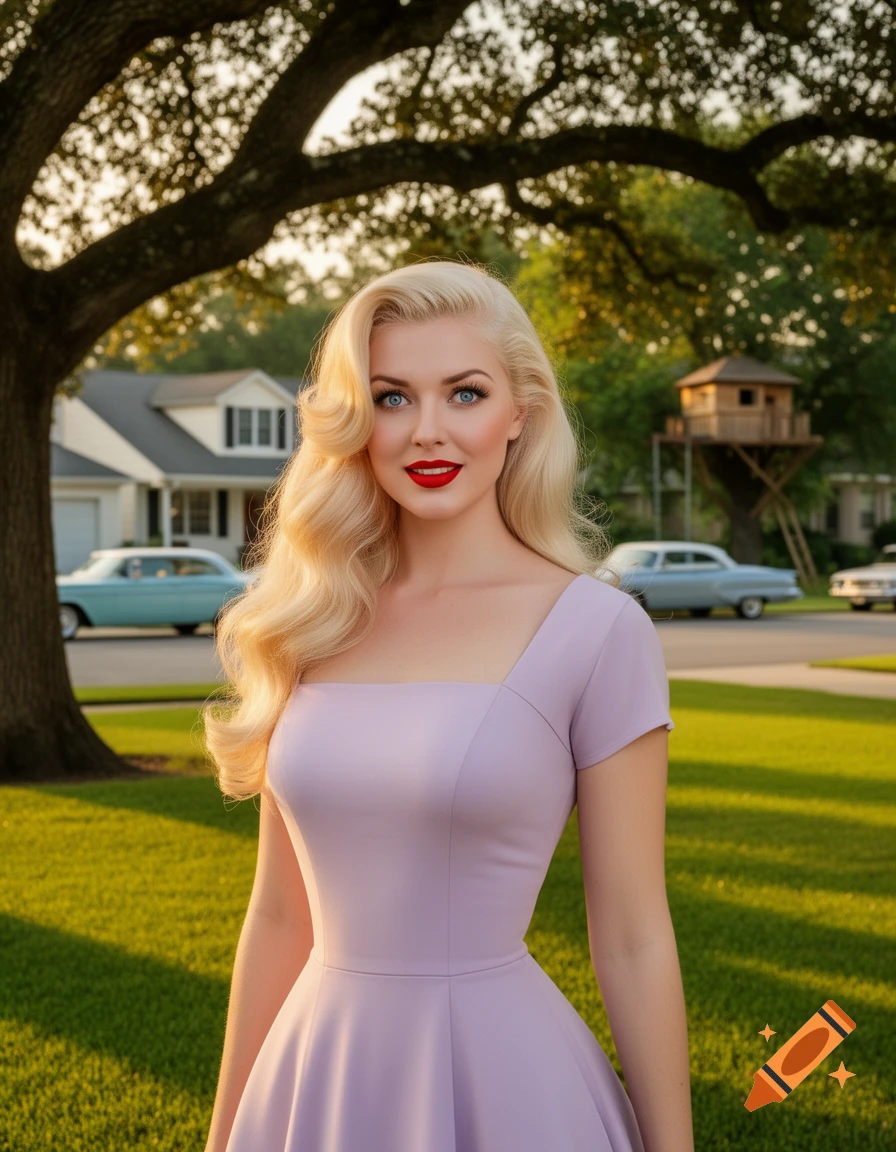 Smiling blonde woman in a purple dress stands on a suburban lawn with houses and a treehouse, vintage style.