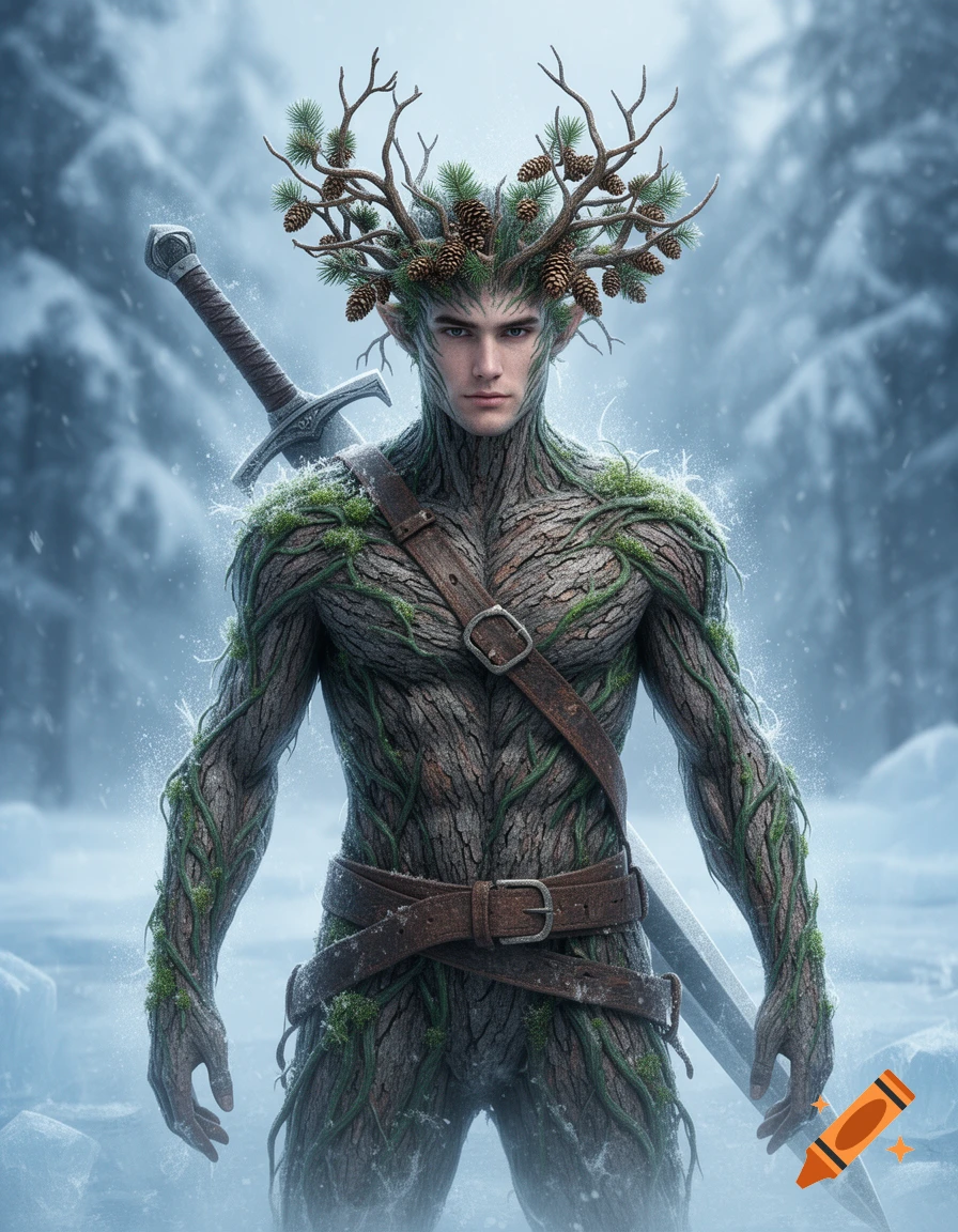 A male ice dryad, a humanoid figure made of tree bark and moss, with pine branch antlers and cones, holding a sword in a snowy forest.