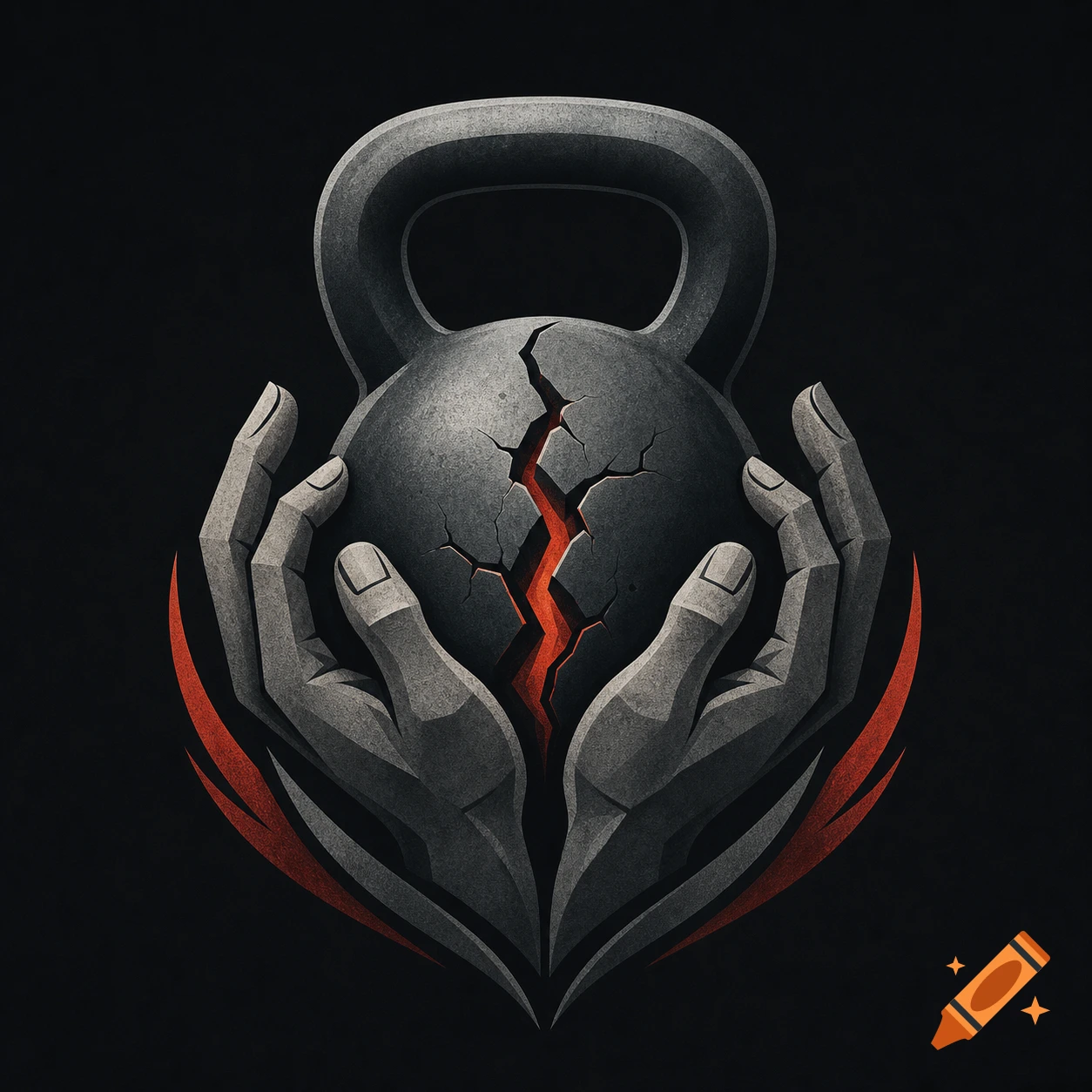 Stylized logo of two hands holding a cracked kettlebell with a glowing red fissure on a dark background.