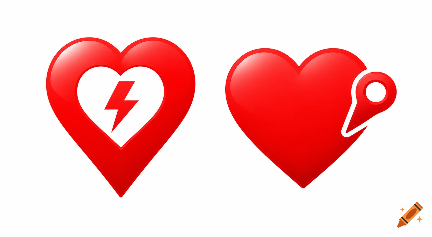 Two glossy red heart-shaped icons on a white background. One has a white lightning bolt, and the other has a red map pin on its right side.