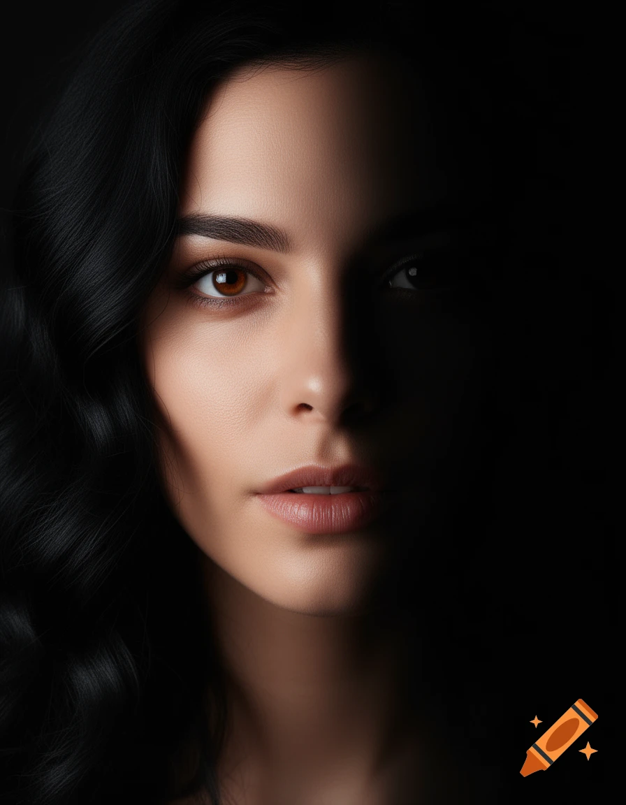 Photorealistic close-up portrait of a woman with long dark wavy hair, half her face brightly lit, half in shadow.