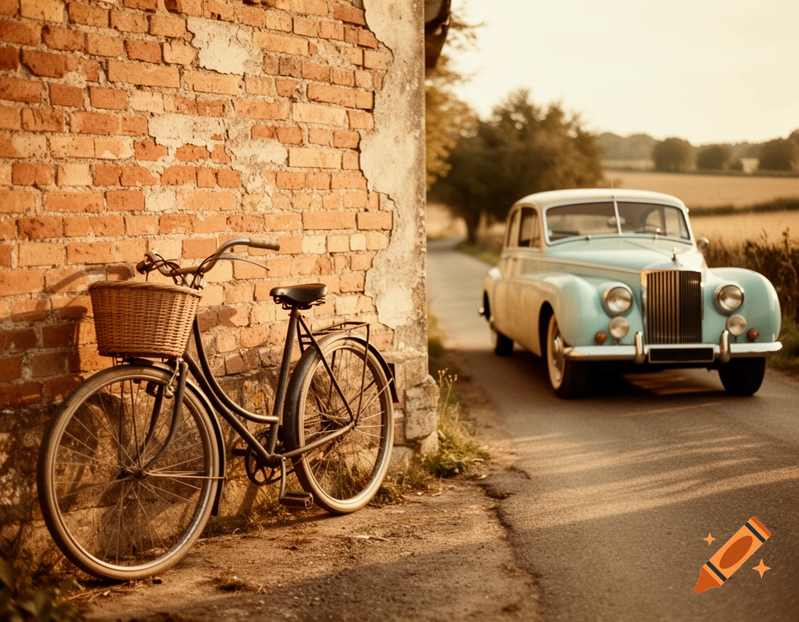 Vintage bicycle with a basket leaning against an old brick wall, with a light blue vintage car on a rural road in the background.
